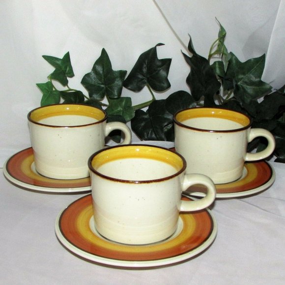 3 Vintage Mikasa Orange Peel Coffee Cups & Saucers Stoneware Japan - Picture 1 of 6